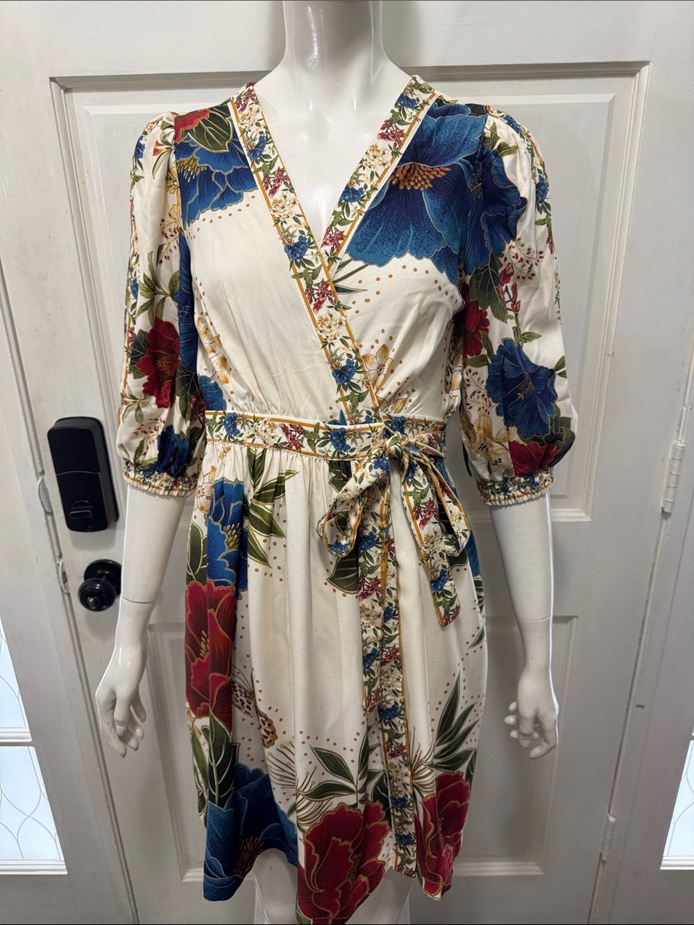 Farm Rio Floral Wrap Midi Dress in Cream with Blue & Red Blooms Size Small